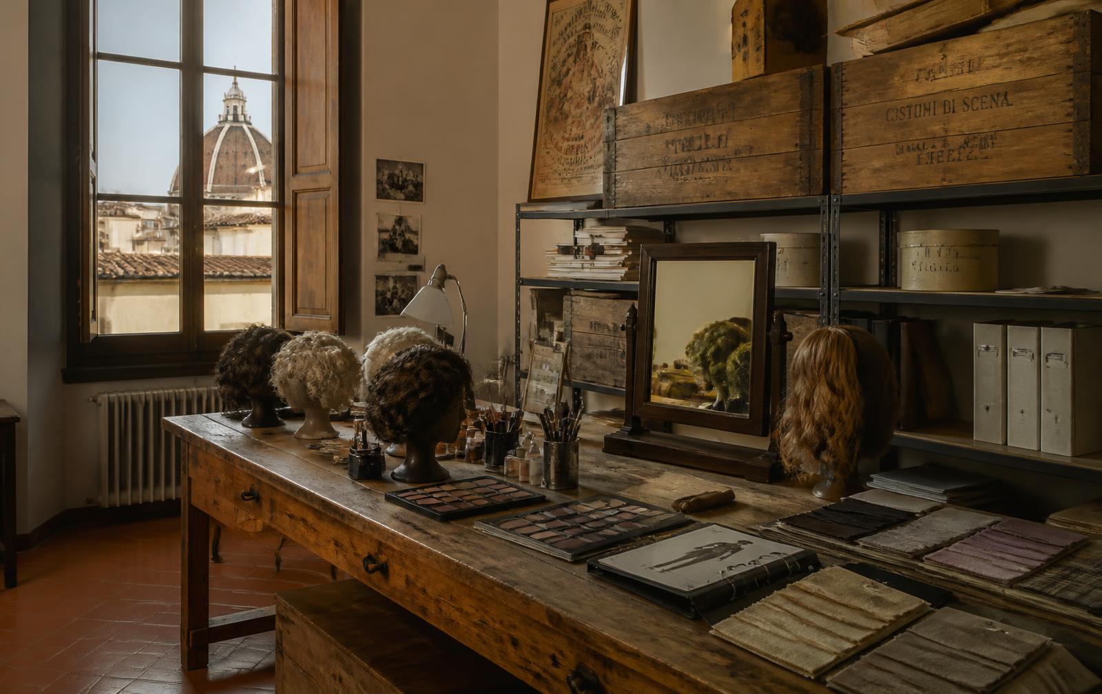 The Luxe Dolls workshop in Florence: workbench with wigs, brushes and make-up palettes